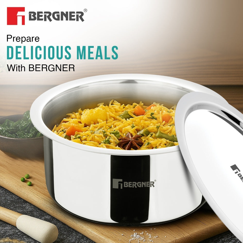 Bergner Argent Tri-Ply Stainless Steel 24cm Tope with Lid, Induction Safe