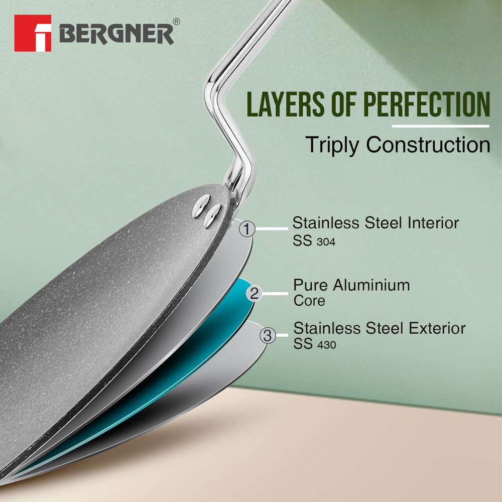 Bergner Argent Samsara Tri-Ply Stainless Steel Roti Tawa, Non-Stick, Induction Compatible Cookware