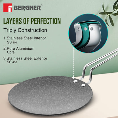 Bergner Argent Samsara Tri-Ply Stainless Steel Roti Tawa, Non-Stick, Induction Compatible Cookware