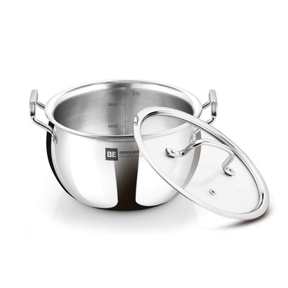 Bergner Essentials Tri-Ply Stainless Steel Rice Handi with Glass Lid, 2-Quart Capacity
