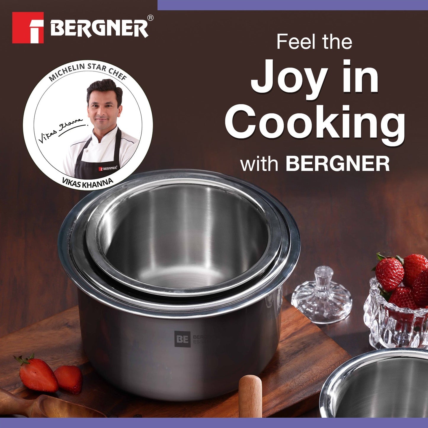 Bergner BE Essentials Tri-Ply Stainless Steel 22cm Cooking Pot with Lid