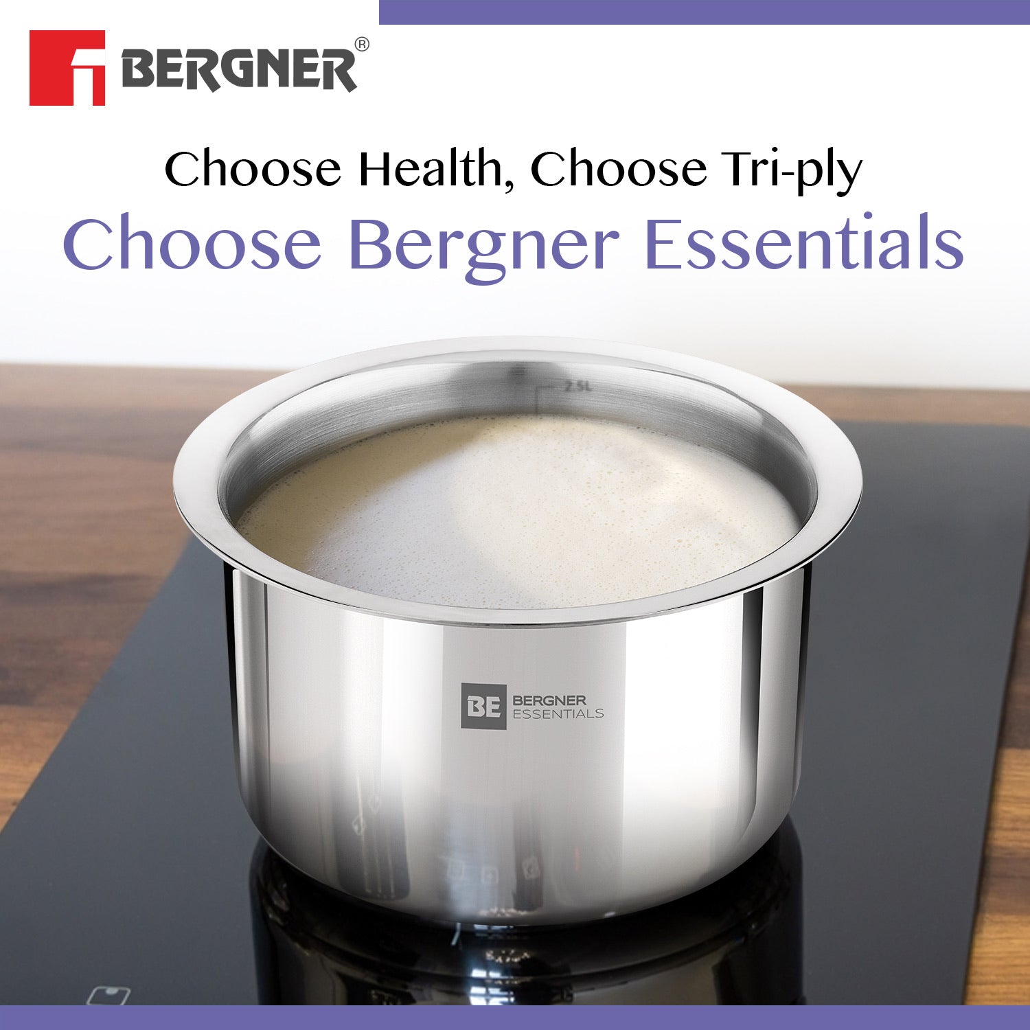 Bergner BE Essentials Tri-Ply Stainless Steel 22cm Cooking Pot with Lid