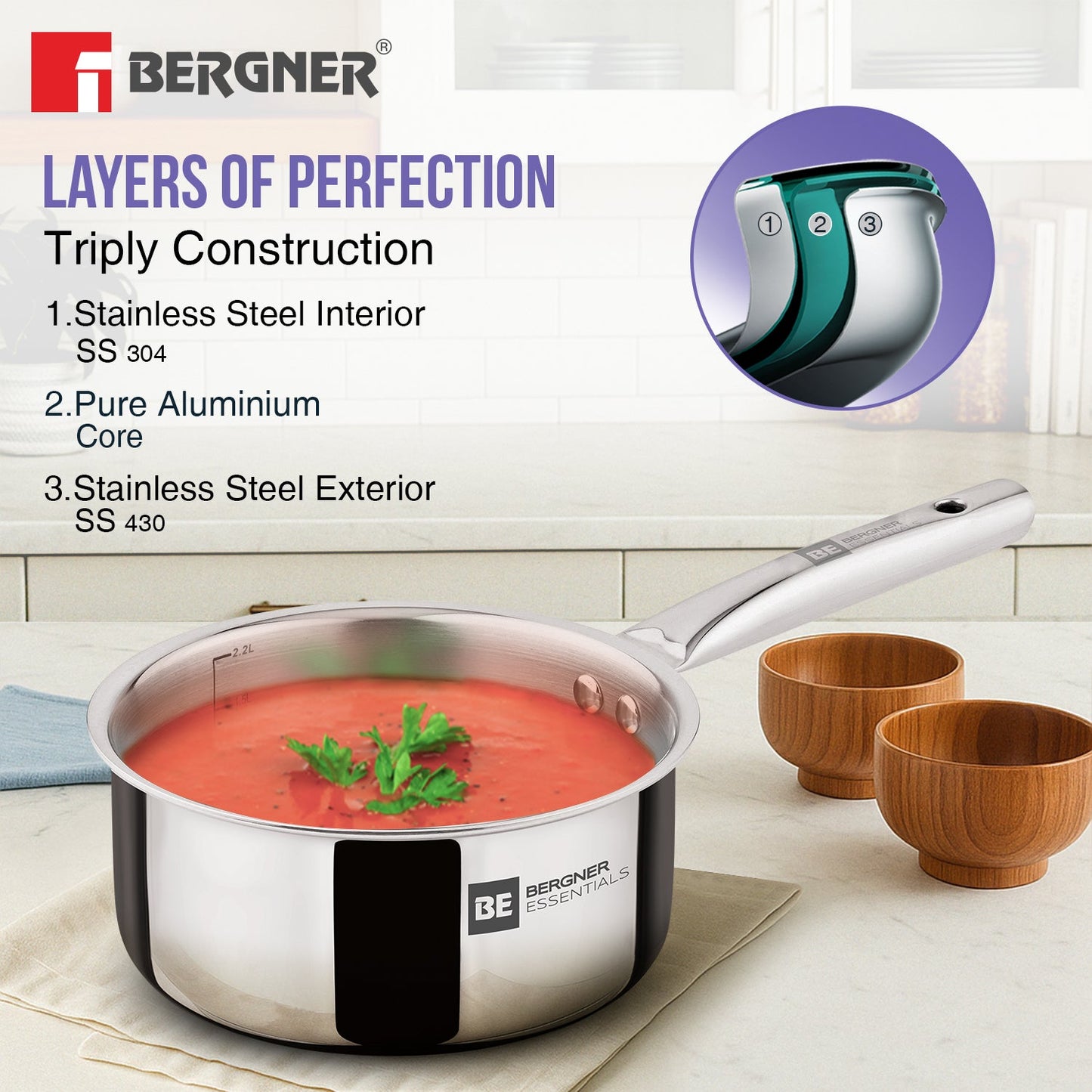 Bergner BE Essentials Era TriPly Stainless Steel 7-Inch Induction Teapan Saucepan