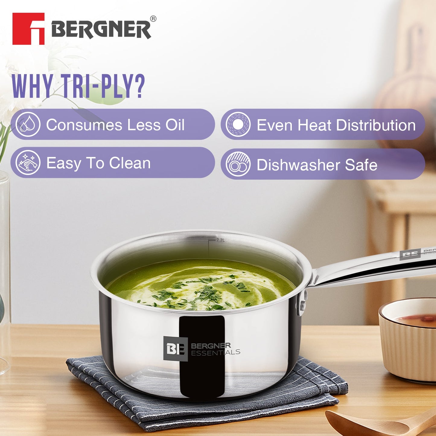 Bergner BE Essentials Era TriPly Stainless Steel 7-Inch Induction Teapan Saucepan