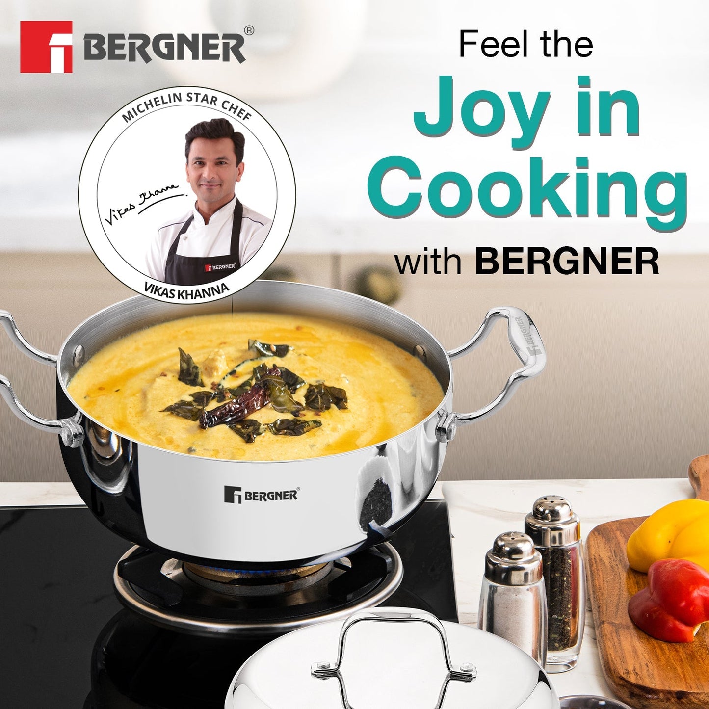 Bergner Argent Saiba Tri-Ply Stainless Steel 22cm Casserole, Induction Ready
