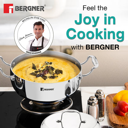 Bergner Argent Saiba Tri-Ply Stainless Steel 22cm Casserole, Induction Ready