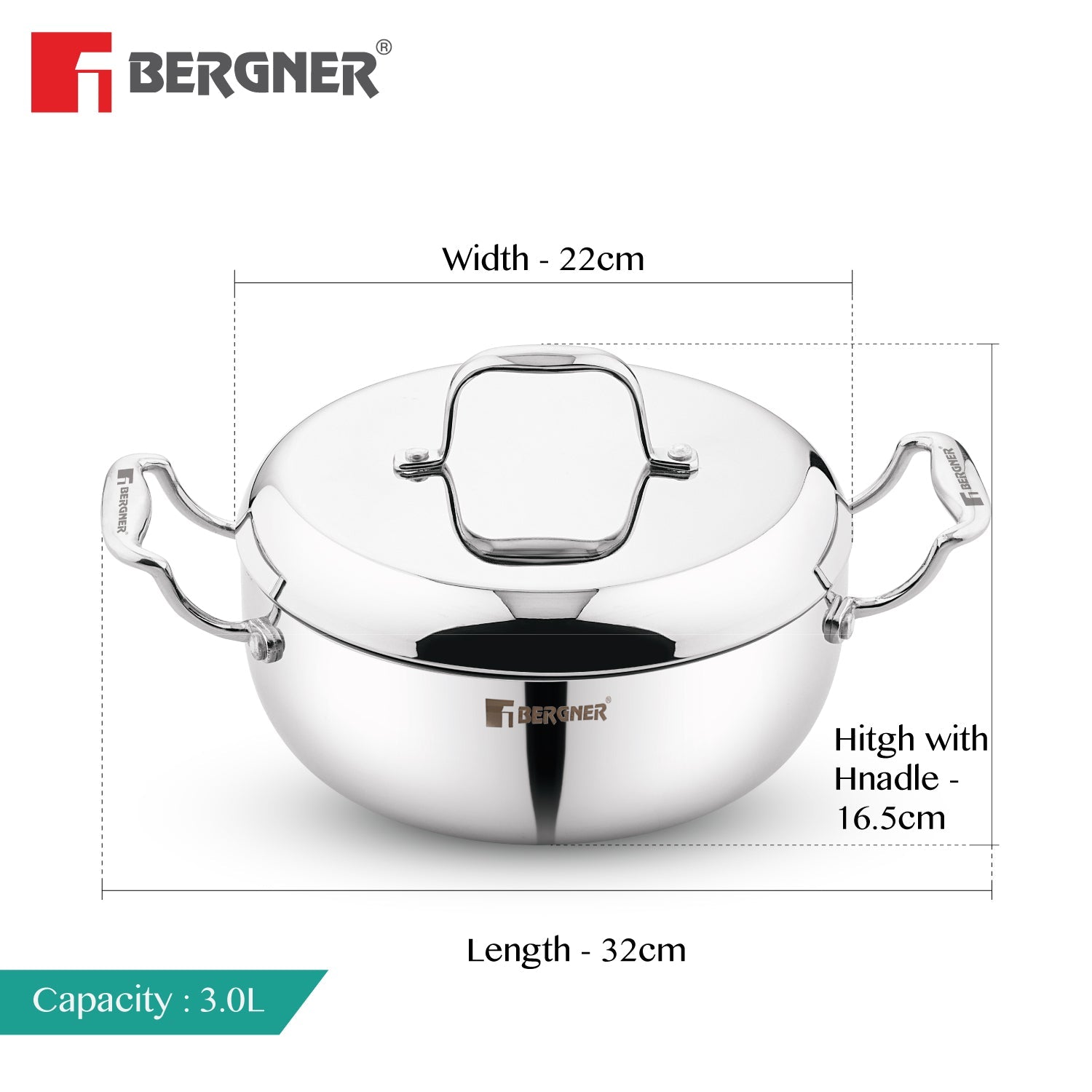Bergner Argent Saiba Tri-Ply Stainless Steel 22cm Casserole, Induction Ready