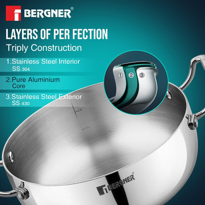 Bergner Argent Saiba Tri-Ply Stainless Steel 22cm Casserole, Induction Ready