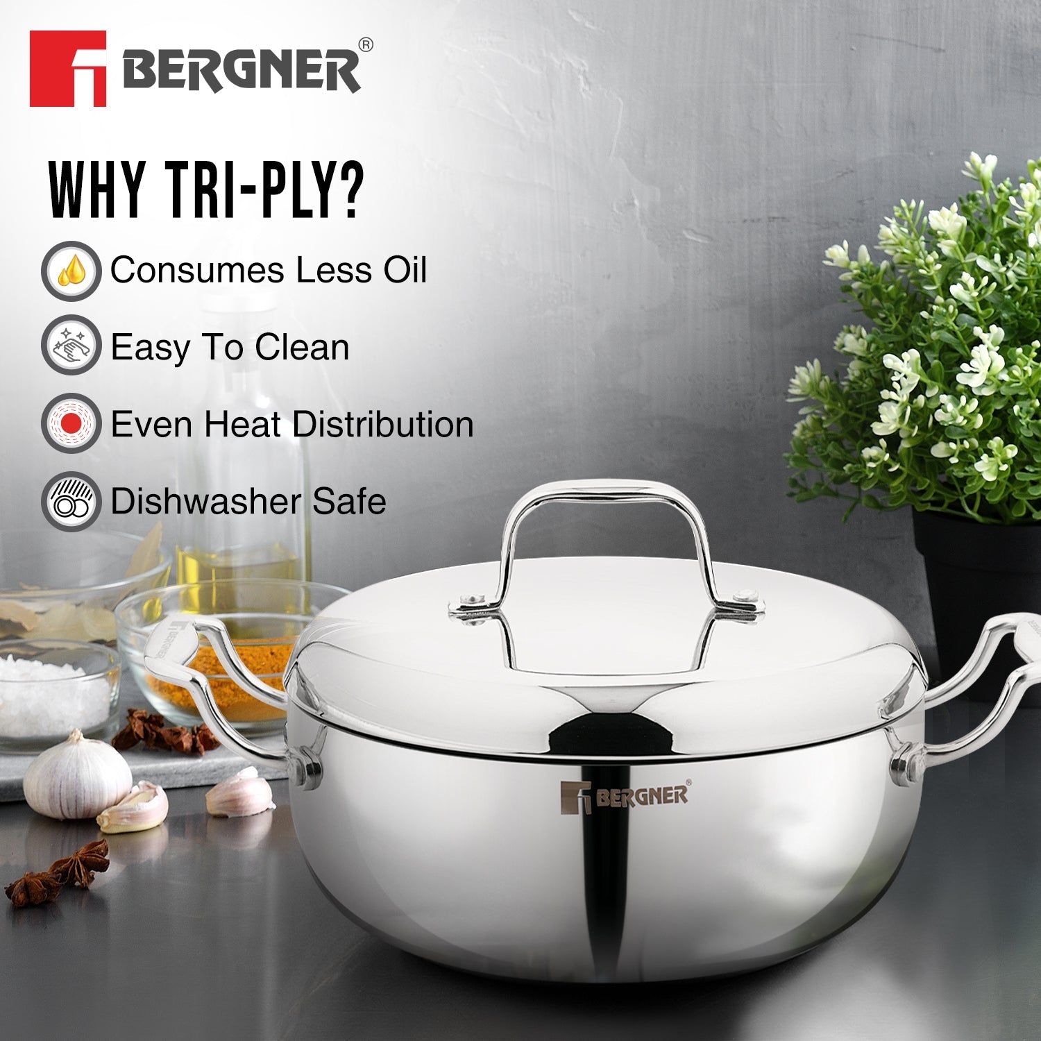 Bergner Argent Saiba Tri-Ply Stainless Steel 22cm Casserole, Induction Ready
