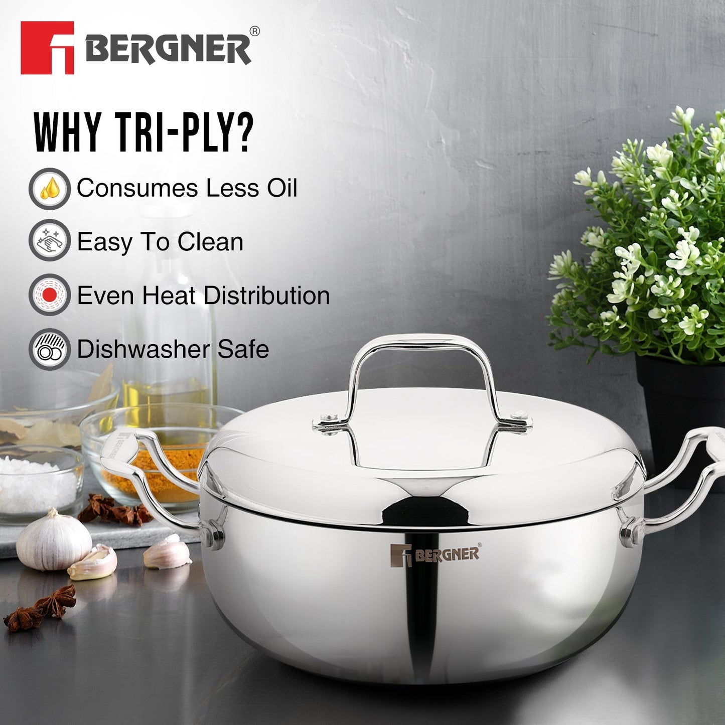 Bergner Argent Saiba Tri-Ply Stainless Steel 22cm Casserole, Induction Ready