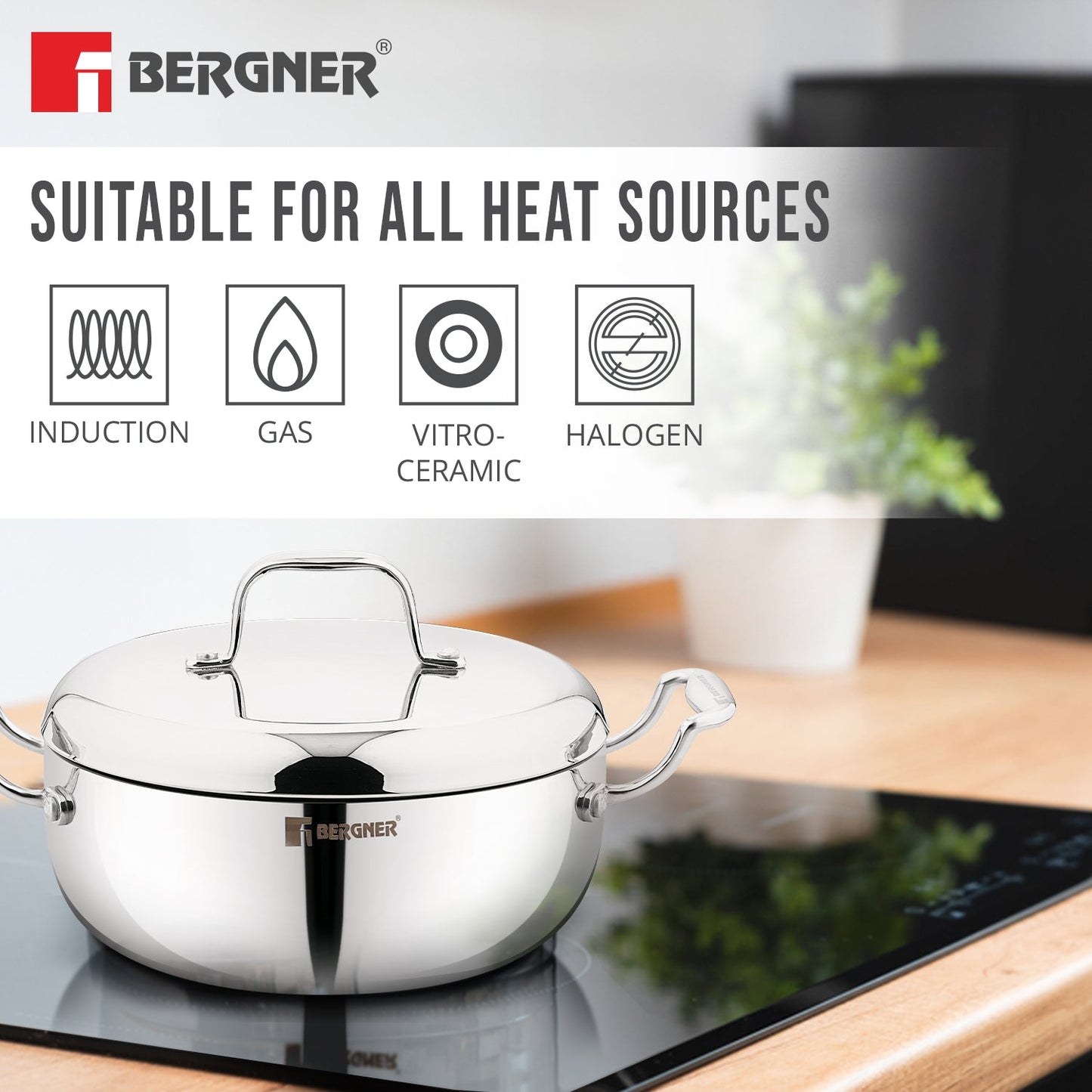 Bergner Argent Saiba Tri-Ply Stainless Steel 22cm Casserole, Induction Ready