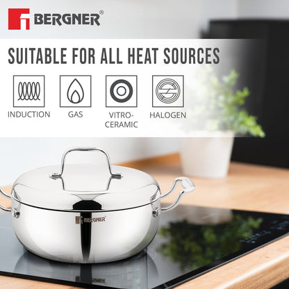 Bergner Argent Saiba Tri-Ply Stainless Steel 22cm Casserole, Induction Ready