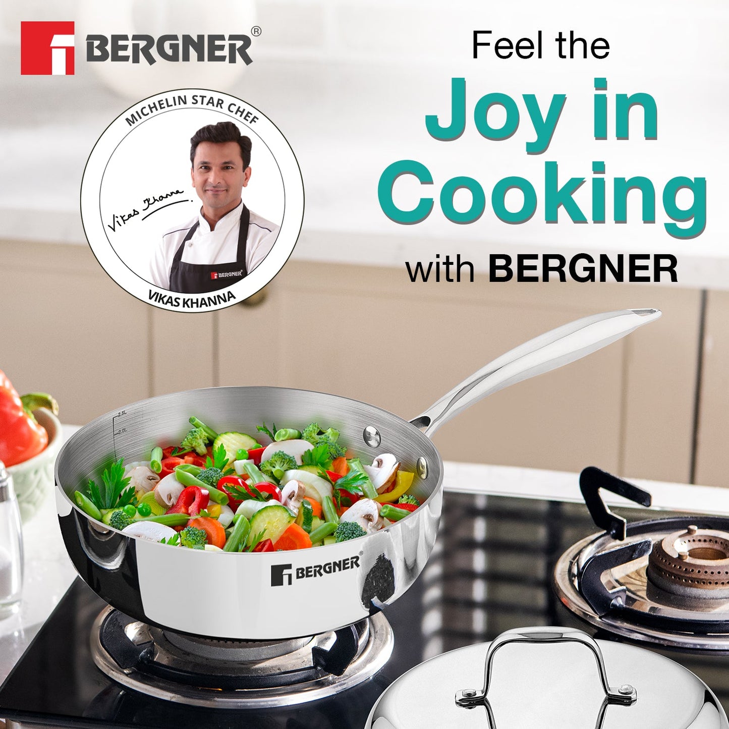 Bergner Argent Saira Tri-Ply Stainless Steel 22cm Frypan with Lid, Induction Ready