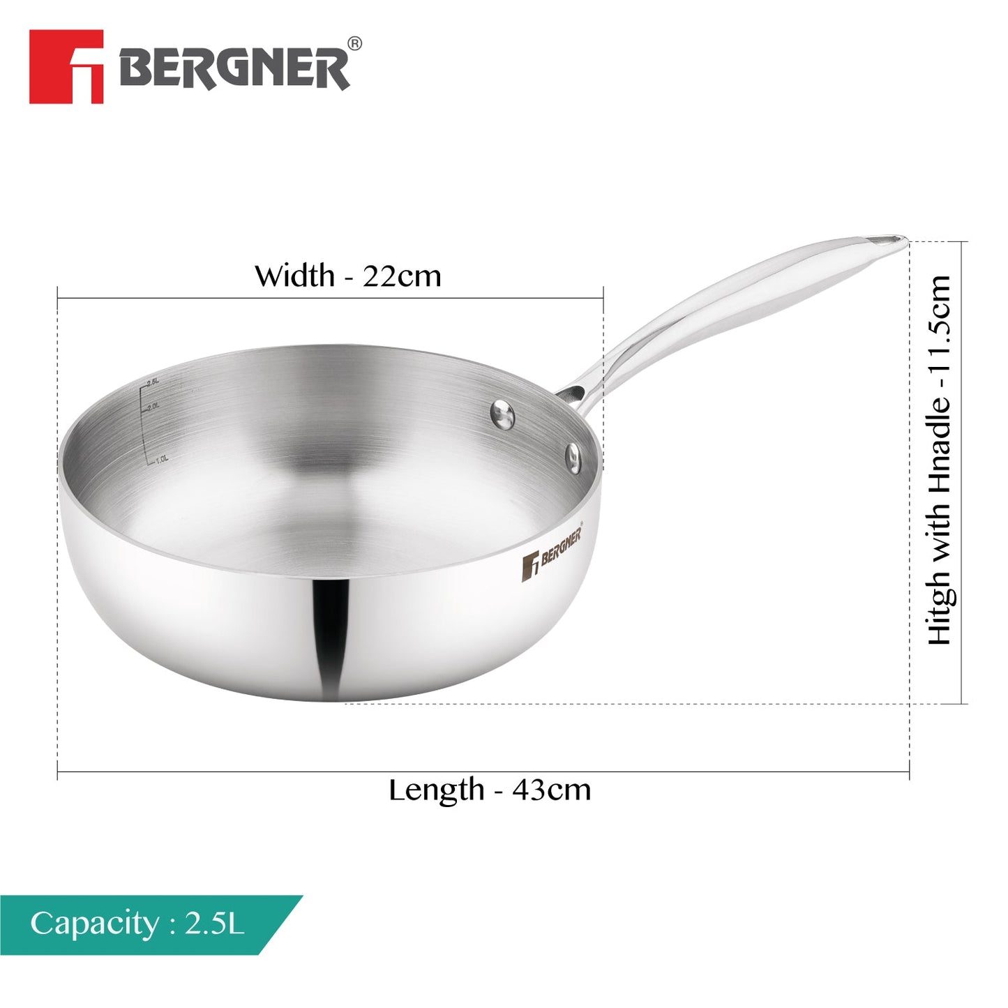 Bergner Argent Saira Tri-Ply Stainless Steel 22cm Frypan with Lid, Induction Ready