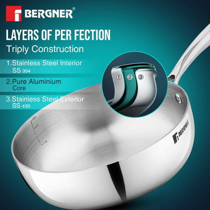 Bergner Argent Saira Tri-Ply Stainless Steel 22cm Frypan with Lid, Induction Ready