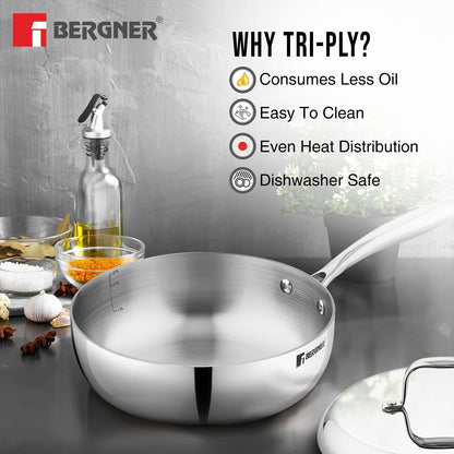 Bergner Argent Saira Tri-Ply Stainless Steel 22cm Frypan with Lid, Induction Ready