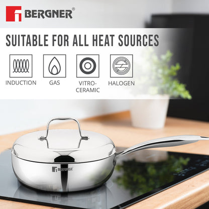 Bergner Argent Saira Tri-Ply Stainless Steel 22cm Frypan with Lid, Induction Ready