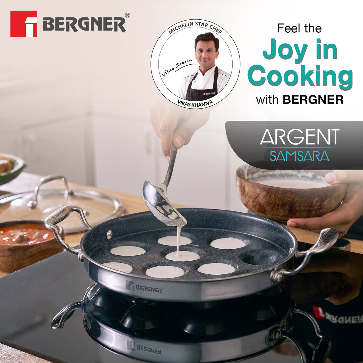 Bergner Argent Samsara Tri-Ply Stainless Steel 11-Pit Paniyarakkal Induction Cookware