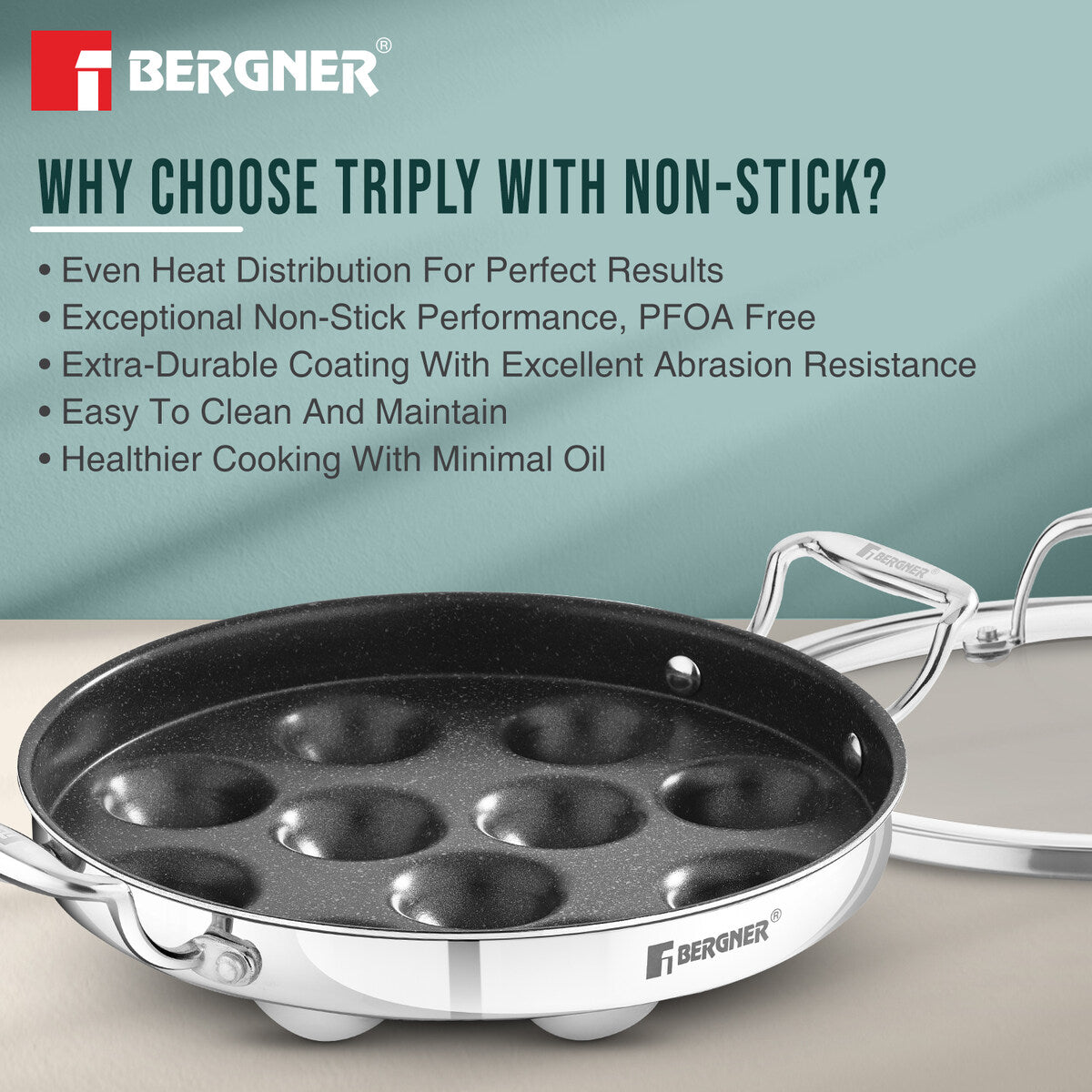 Bergner Argent Samsara Tri-Ply Stainless Steel 11-Pit Paniyarakkal Induction Cookware