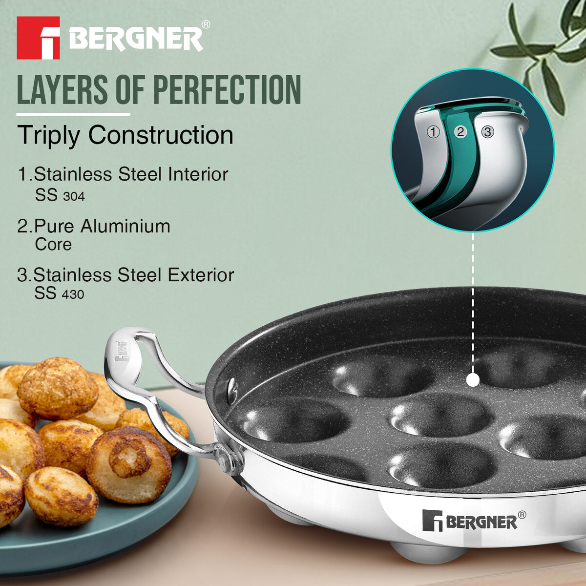 Bergner Argent Samsara Tri-Ply Stainless Steel 11-Pit Paniyarakkal Induction Cookware