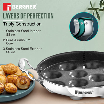 Bergner Argent Samsara Tri-Ply Stainless Steel 11-Pit Paniyarakkal Induction Cookware