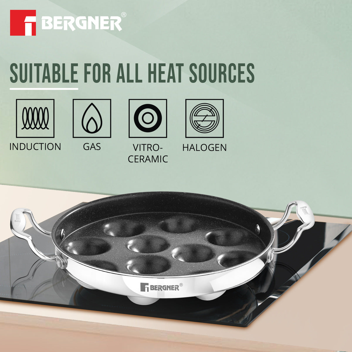 Bergner Argent Samsara Tri-Ply Stainless Steel 11-Pit Paniyarakkal Induction Cookware