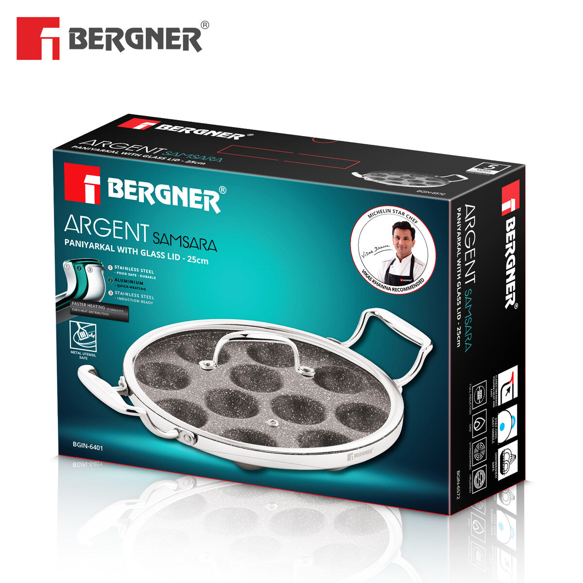 Bergner Argent Samsara Tri-Ply Stainless Steel 11-Pit Paniyarakkal Induction Cookware