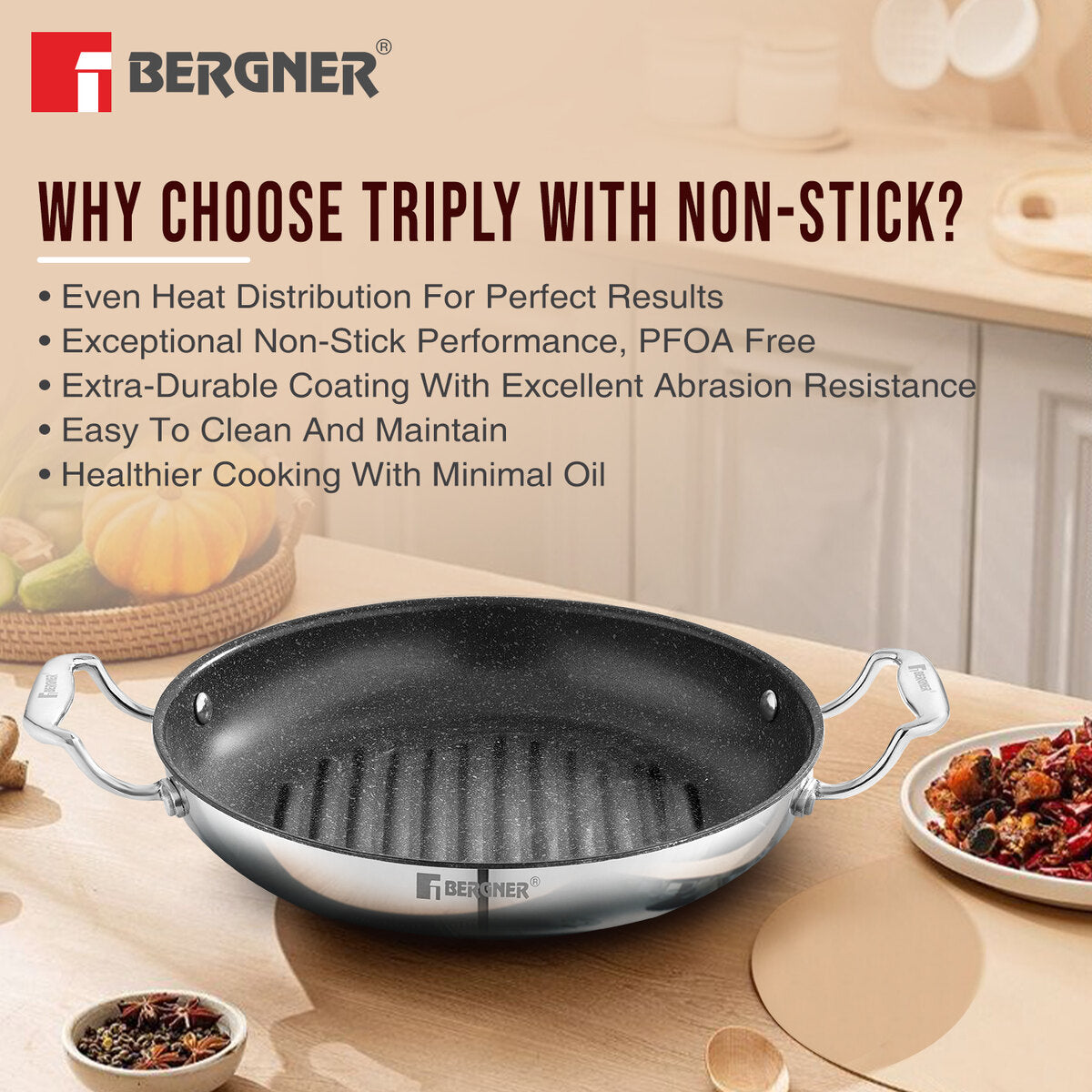 Bergner Argent Samsara Tri-Ply Stainless Steel Induction Round Grill Pan 10.2-inch