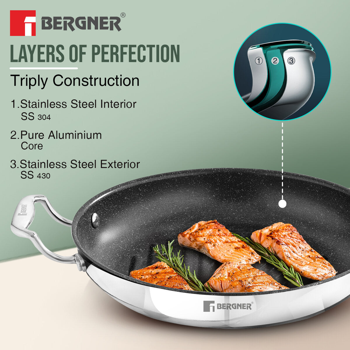 Bergner Argent Samsara Tri-Ply Stainless Steel Induction Round Grill Pan 10.2-inch