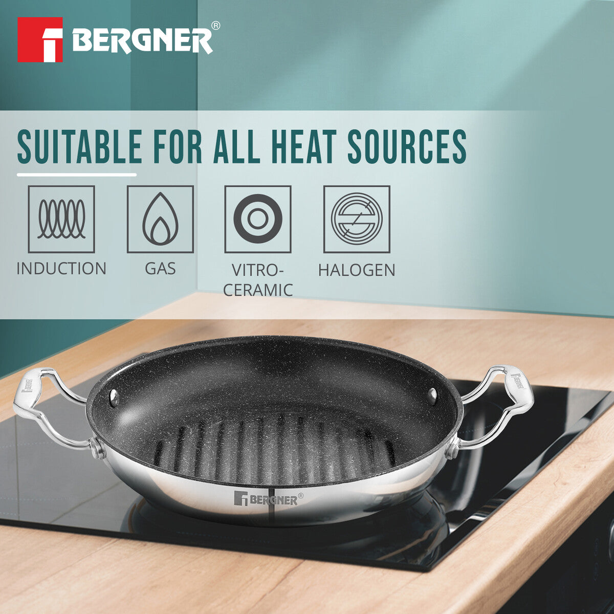 Bergner Argent Samsara Tri-Ply Stainless Steel Induction Round Grill Pan 10.2-inch