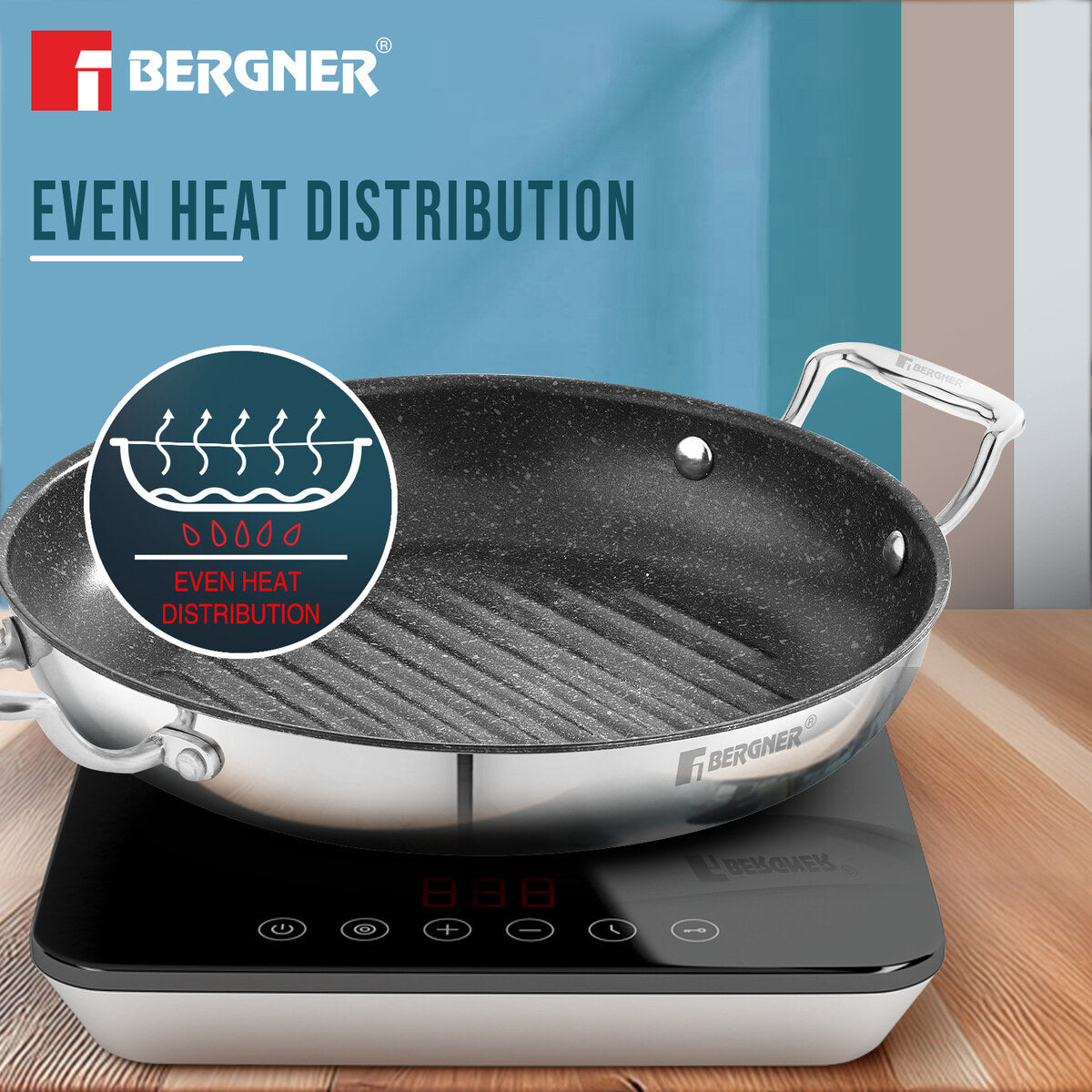 Bergner Argent Samsara Tri-Ply Stainless Steel Induction Round Grill Pan 10.2-inch