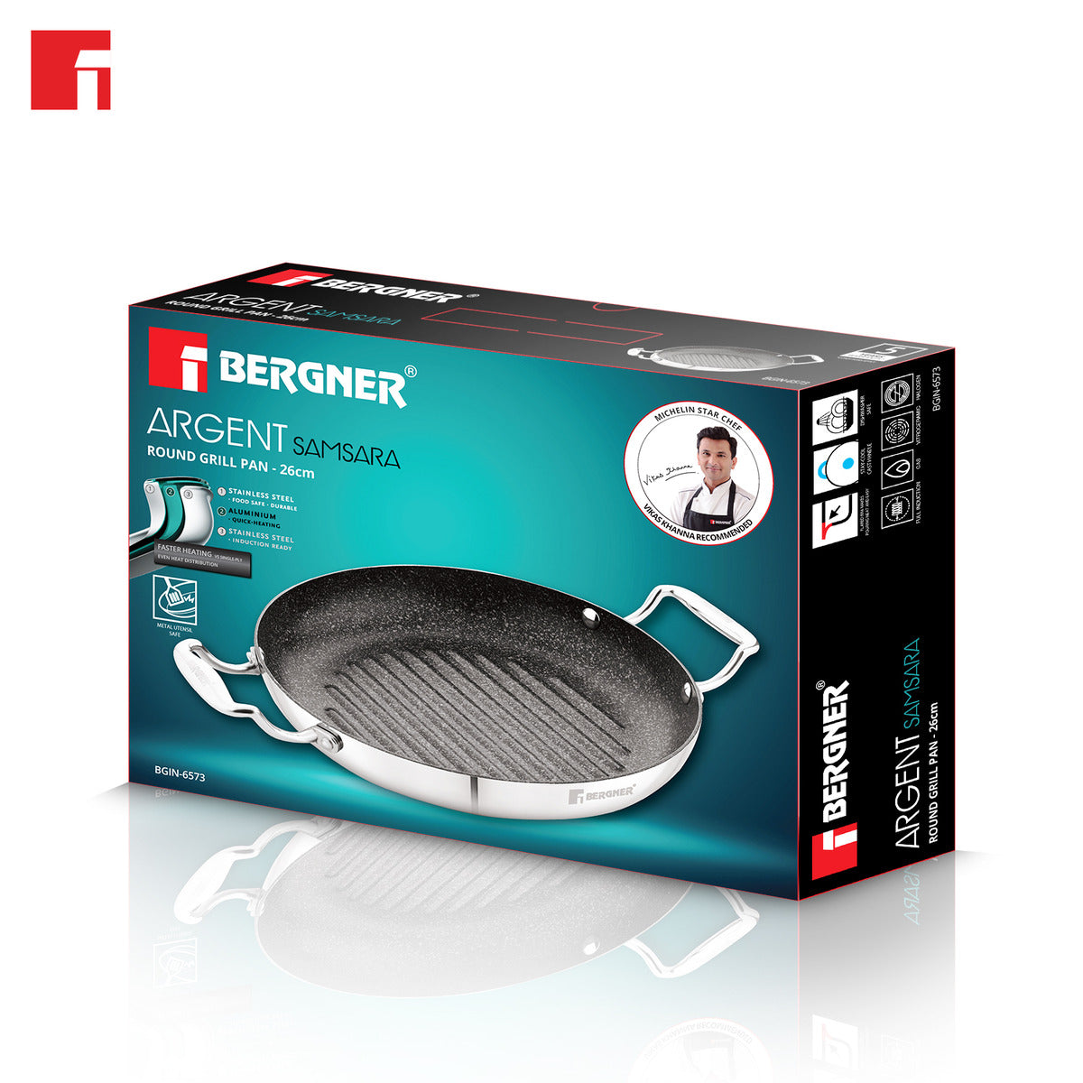 Bergner Argent Samsara Tri-Ply Stainless Steel Induction Round Grill Pan 10.2-inch