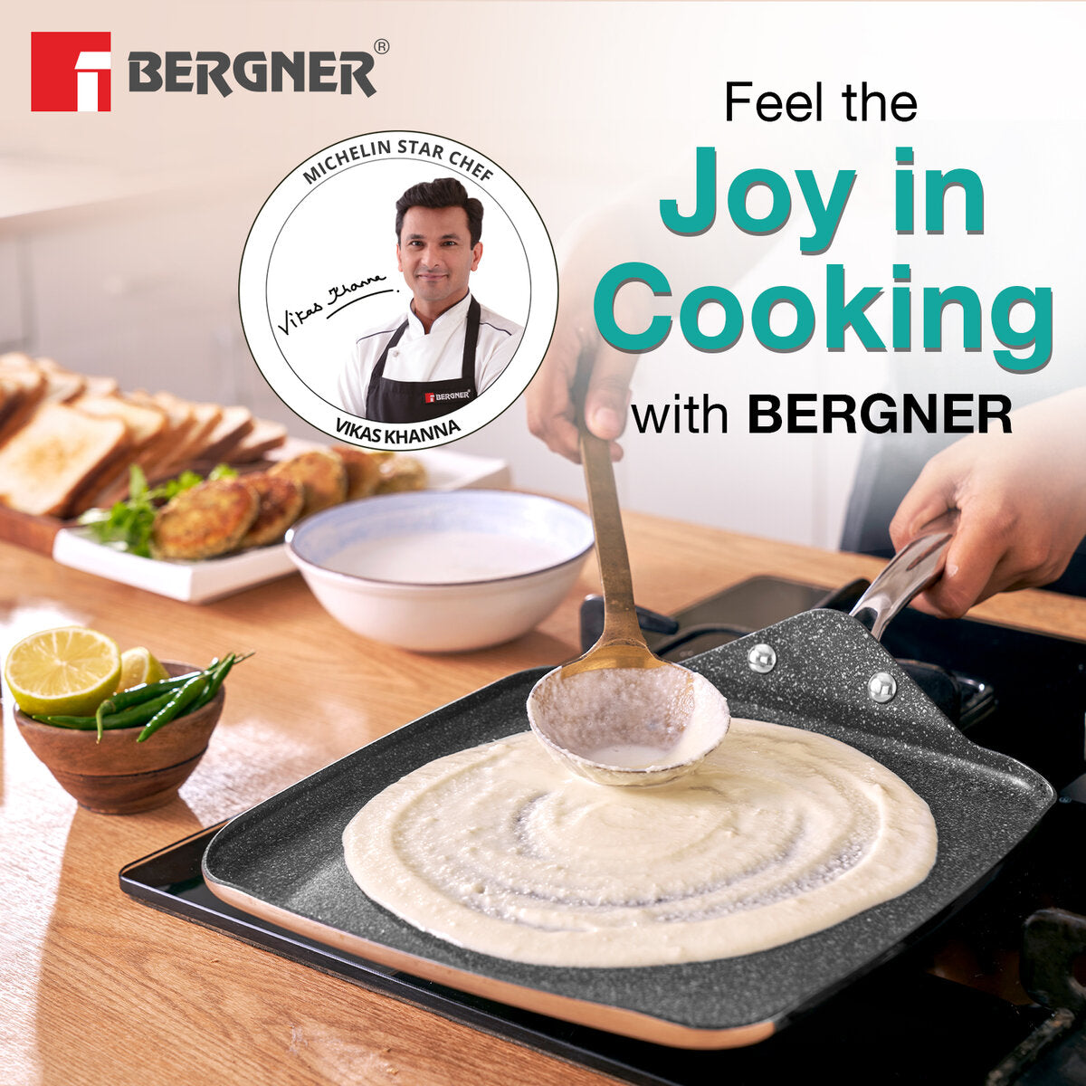 Bergner Argent Samsara 10.6-inch Tri-Ply Stainless Steel Square Induction Multi Tawa Pan