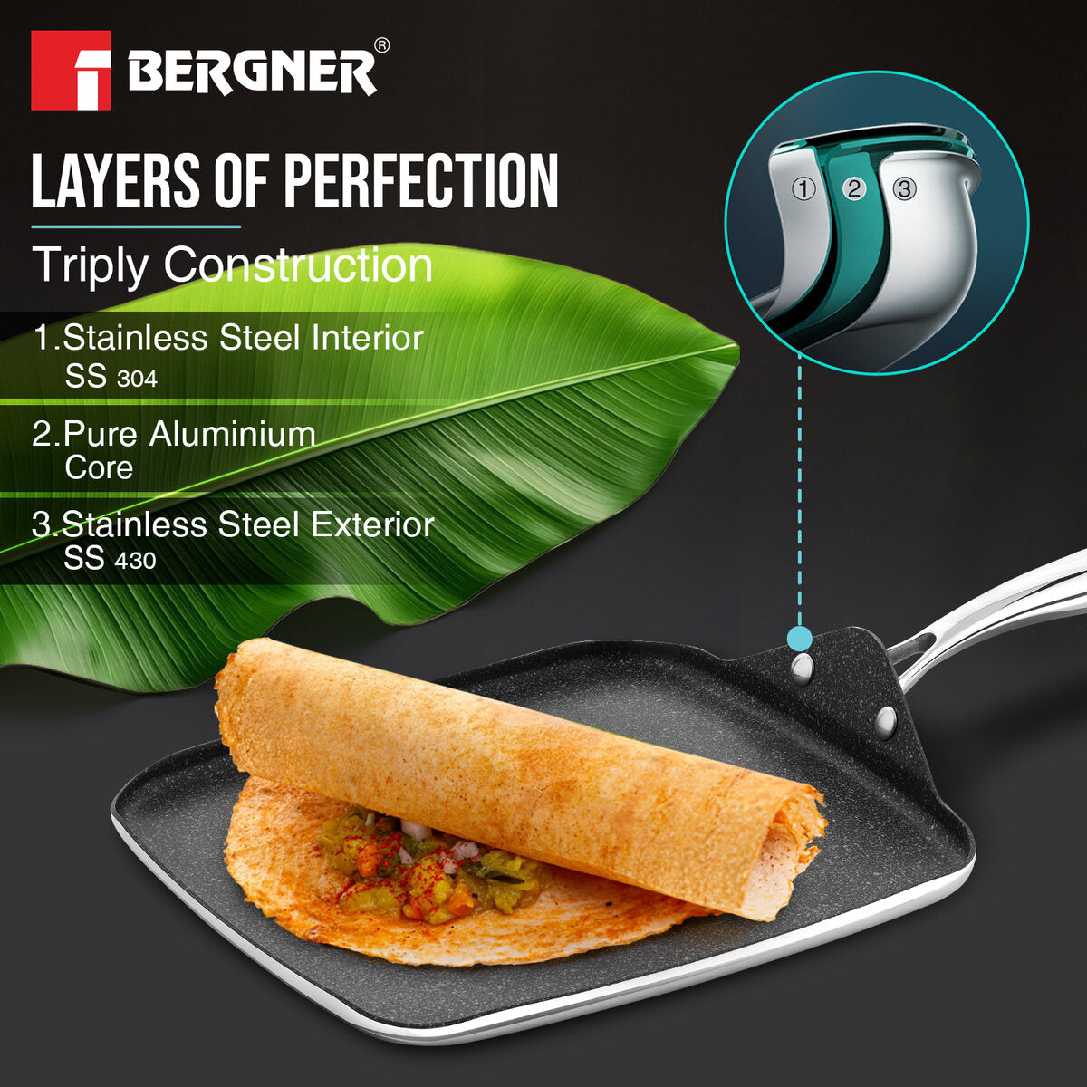 Bergner Argent Samsara 10.6-inch Tri-Ply Stainless Steel Square Induction Multi Tawa Pan