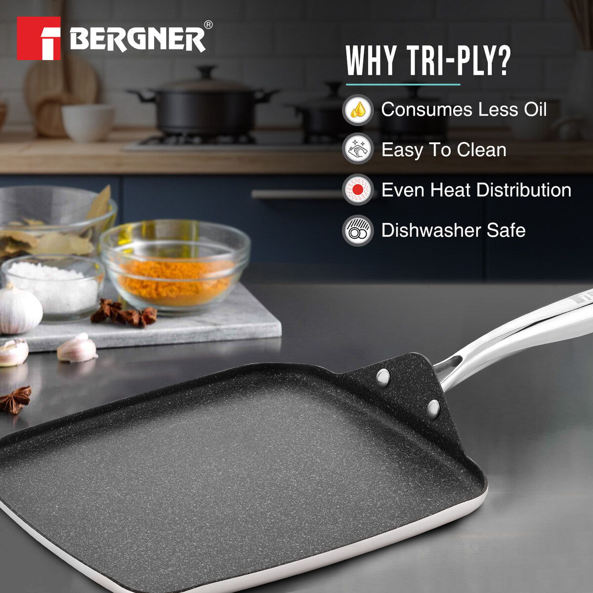 Bergner Argent Samsara 10.6-inch Tri-Ply Stainless Steel Square Induction Multi Tawa Pan