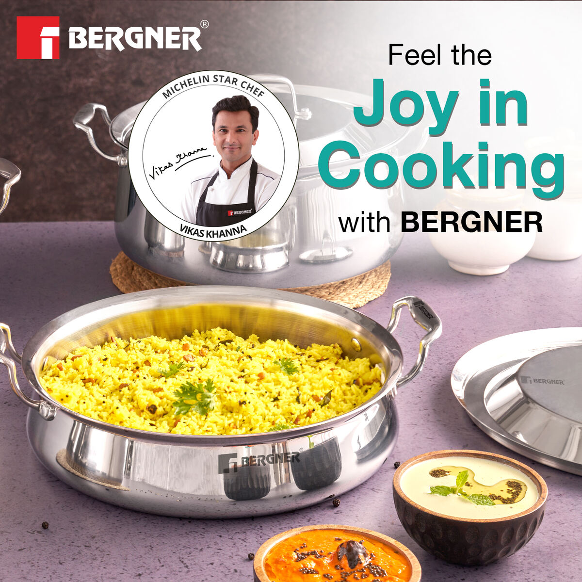 Bergner Argent Samsara Tri-Ply Stainless Steel Biryani Handi, 28cm, Induction Ready