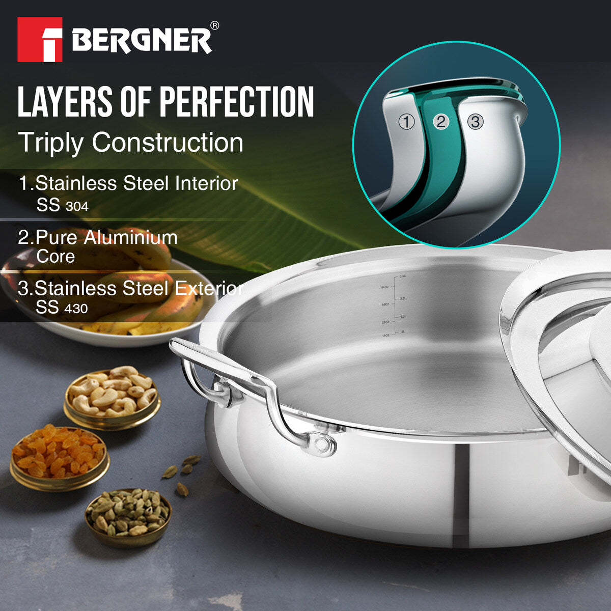 Bergner Argent Samsara Tri-Ply Stainless Steel Biryani Handi, 28cm, Induction Ready