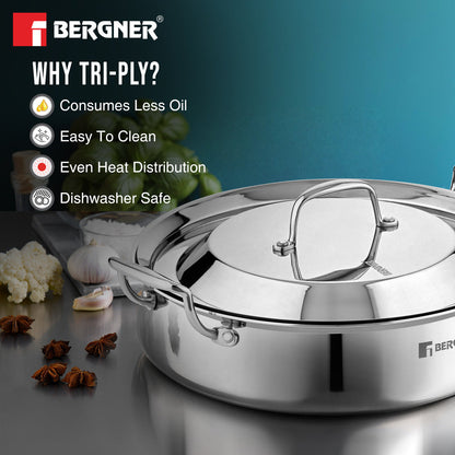 Bergner Argent Samsara Tri-Ply Stainless Steel Biryani Handi, 28cm, Induction Ready