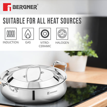 Bergner Argent Samsara Tri-Ply Stainless Steel Biryani Handi, 28cm, Induction Ready