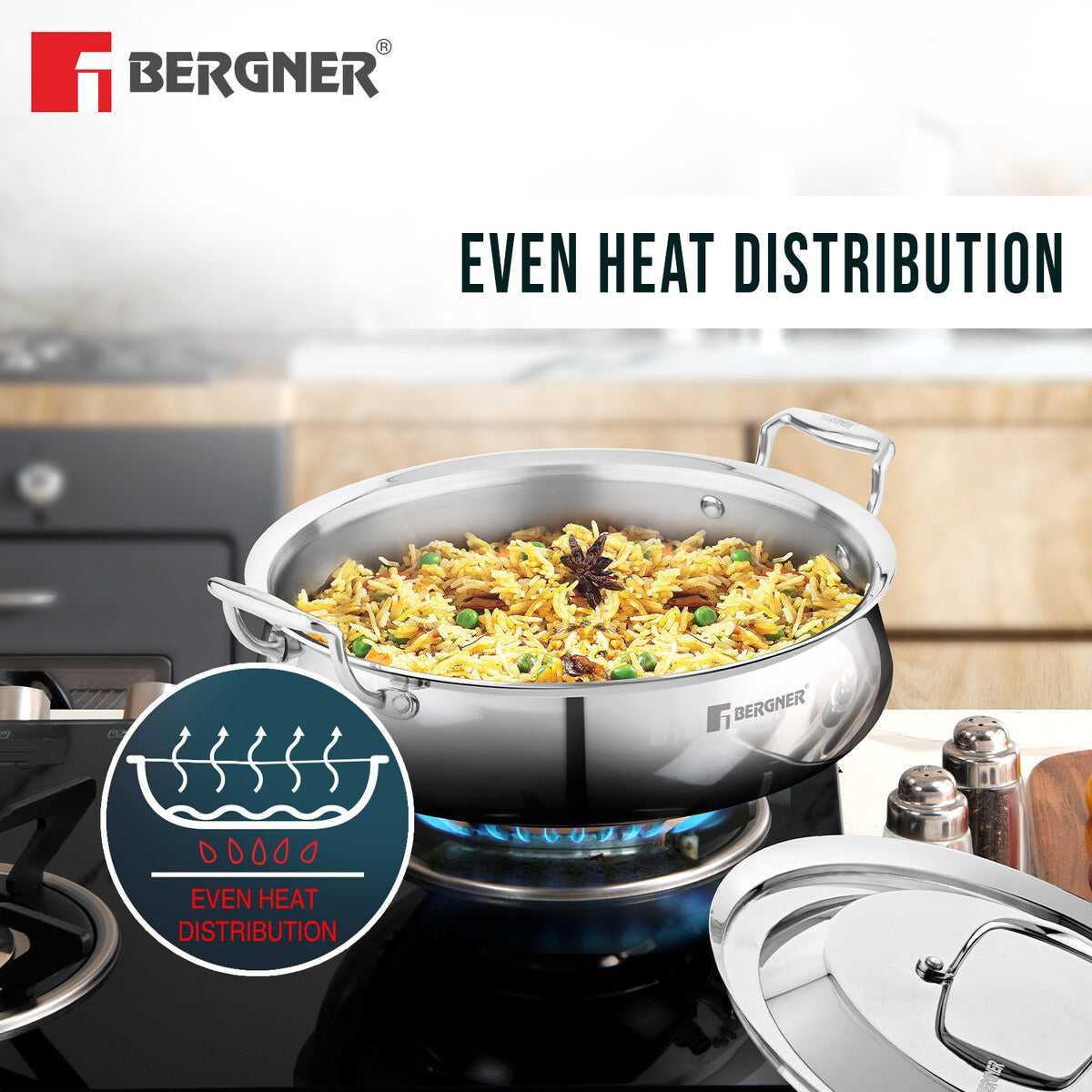 Bergner Argent Samsara Tri-Ply Stainless Steel Biryani Handi, 28cm, Induction Ready