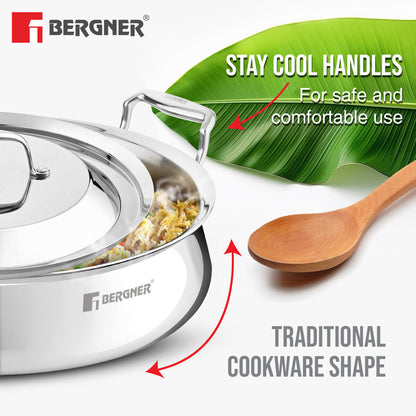 Bergner Argent Samsara Tri-Ply Stainless Steel Biryani Handi, 28cm, Induction Ready