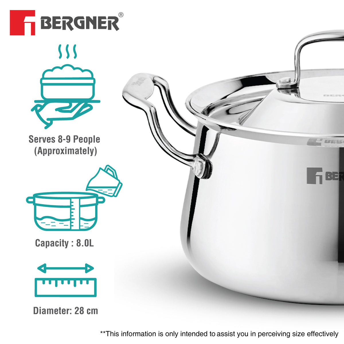 Bergner Argent Samsara Tri-Ply Stainless Steel 28cm Biryani Handi Cookware
