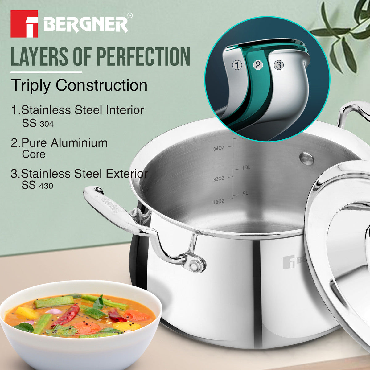 Bergner Argent Samsara Tri-Ply Stainless Steel 28cm Biryani Handi Cookware