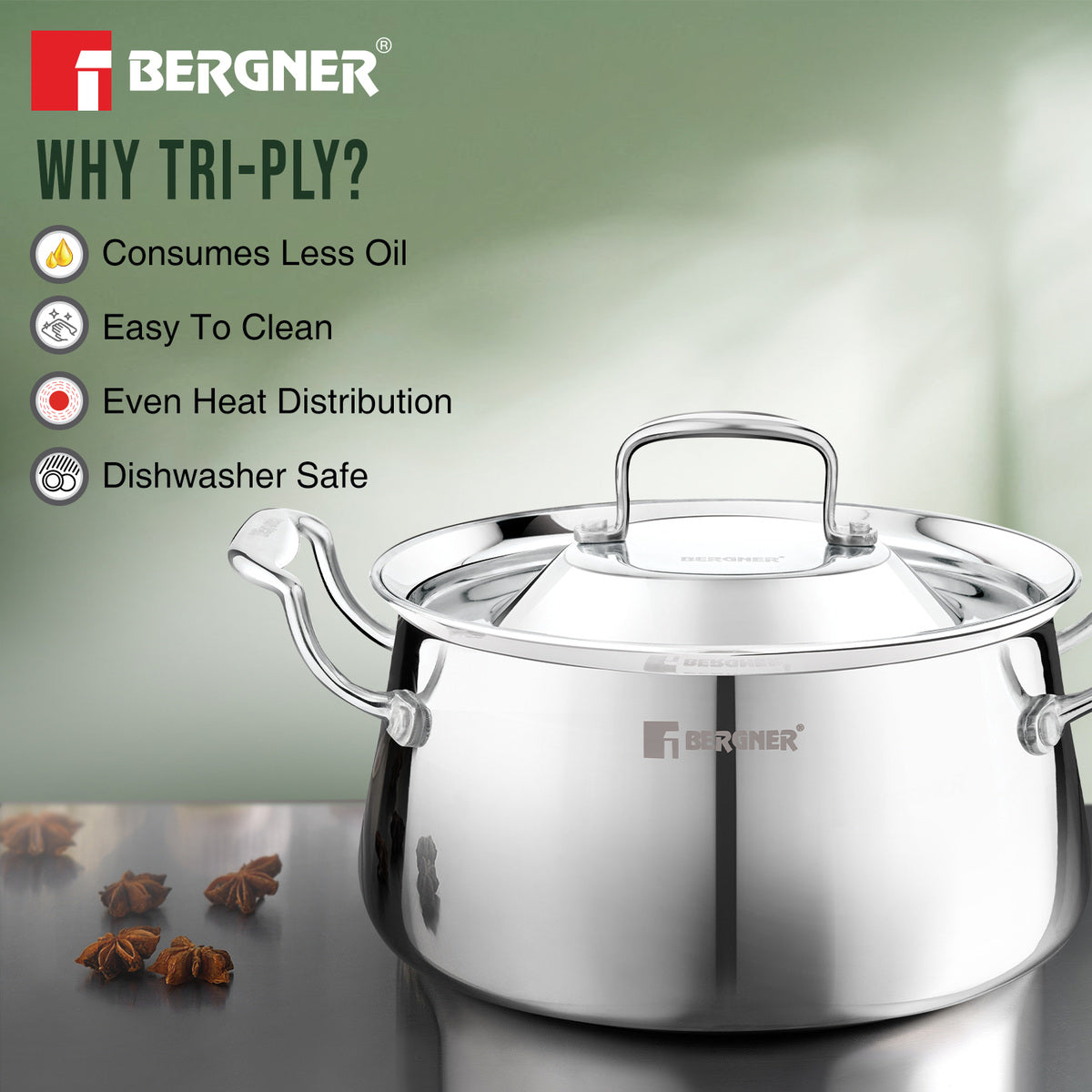 Bergner Argent Samsara Tri-Ply Stainless Steel 28cm Biryani Handi Cookware