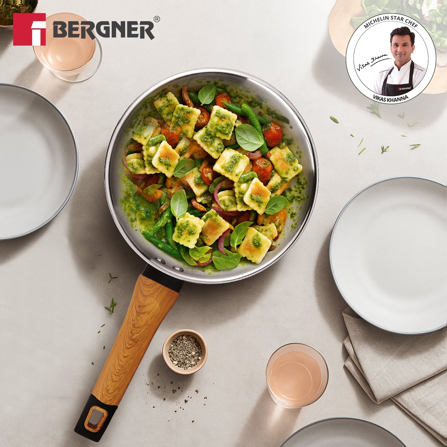 TriPro Tri-Ply Stainless Steel 24cm Frypan with Wooden Handle for Induction Cooking