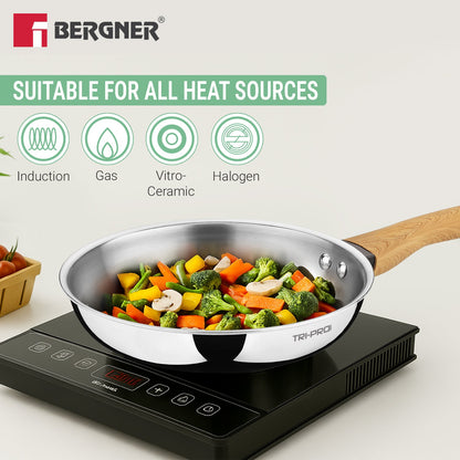 TriPro Tri-Ply Stainless Steel 24cm Frypan with Wooden Handle for Induction Cooking