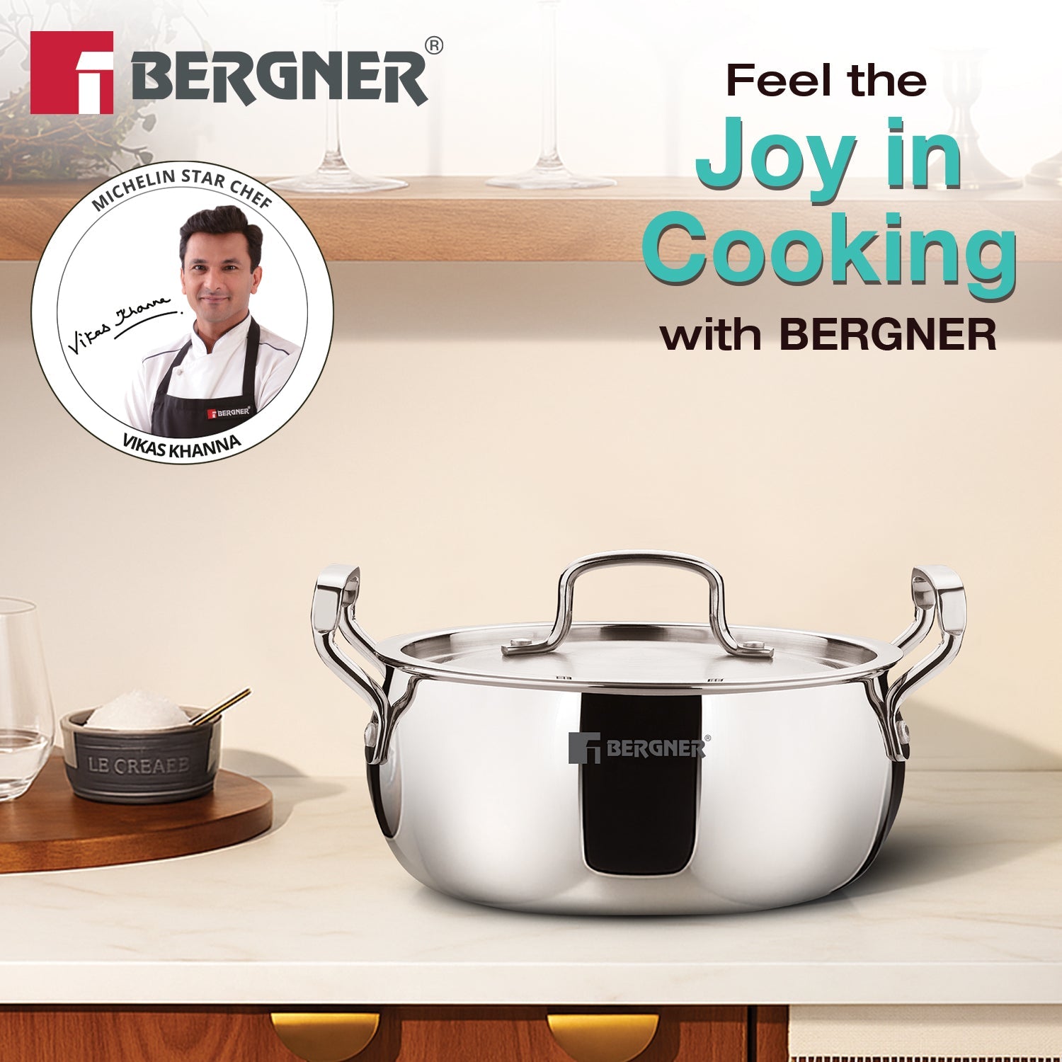 Bergner TriPro Tri-Ply Stainless Steel 8-inch Belly Casserole Cookware, Induction Ready