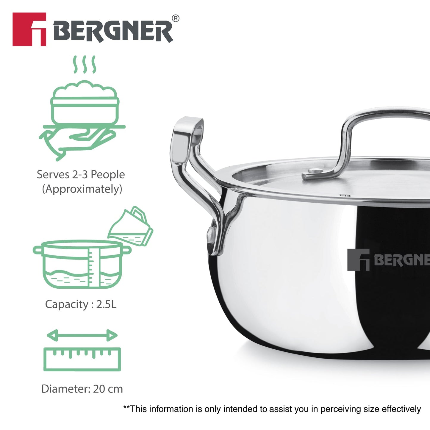 Bergner TriPro Tri-Ply Stainless Steel 8-inch Belly Casserole Cookware, Induction Ready