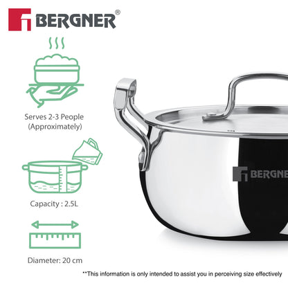 Bergner TriPro Tri-Ply Stainless Steel 8-inch Belly Casserole Cookware, Induction Ready