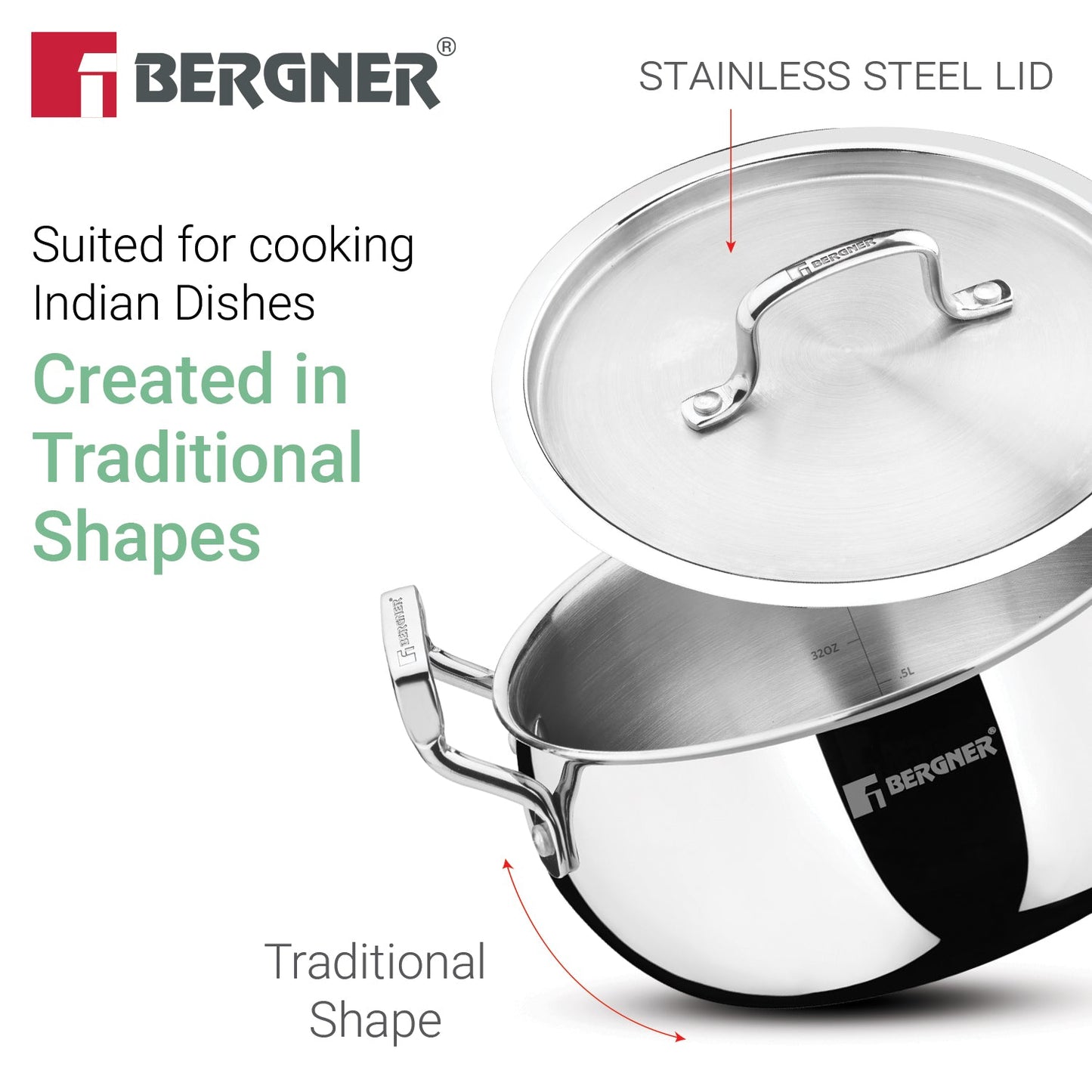 Bergner TriPro Tri-Ply Stainless Steel 8-inch Belly Casserole Cookware, Induction Ready